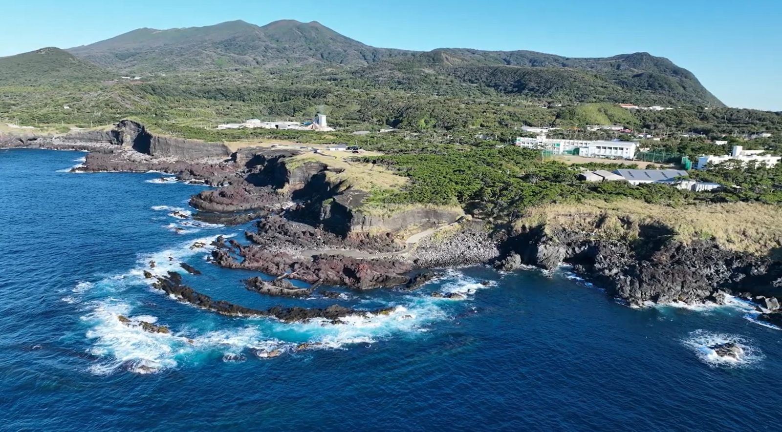 Aerial view of Izu Oshima's rugged lava coastline, with green hills and a volcano behind