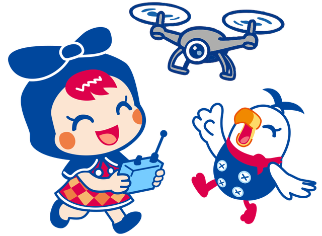 Oshin, the school's mascot, flying a drone with her seagull friend
