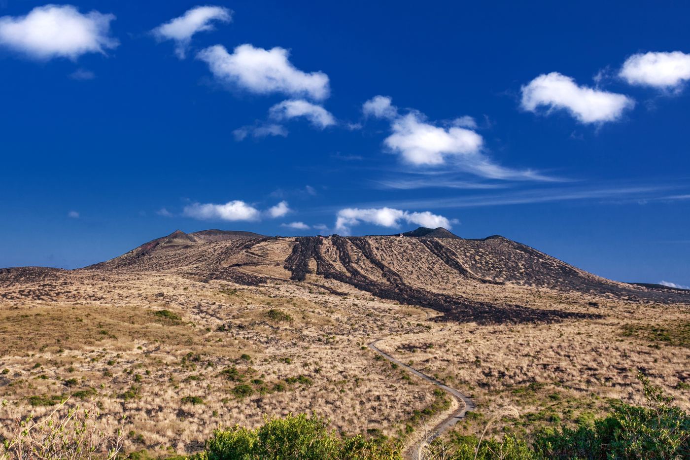 Mt. Mihara, Izu Oshima's volcano, under a deep blue sky